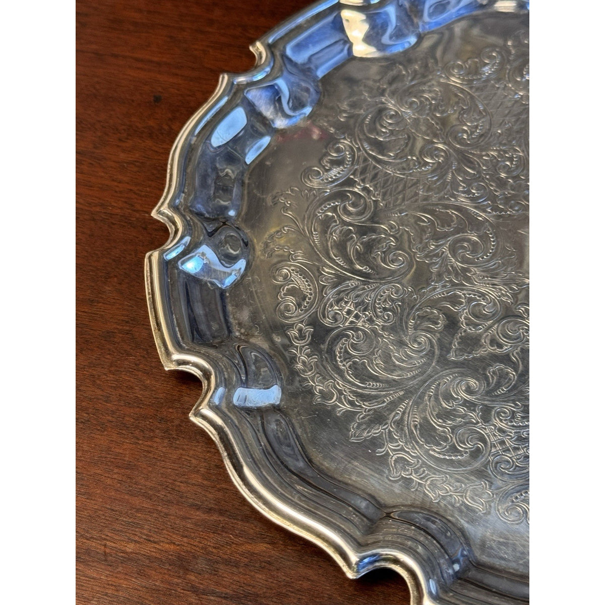 Silverplate Round Tray Towle Ornate Floral Scroll Scalloped Rim
