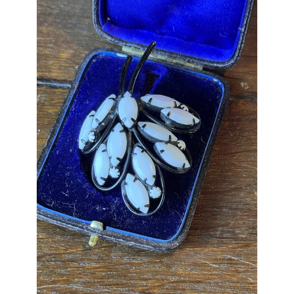 Vintage Brooch Black White Glass Floral Spray Japanned Statement Pin 2.5”
