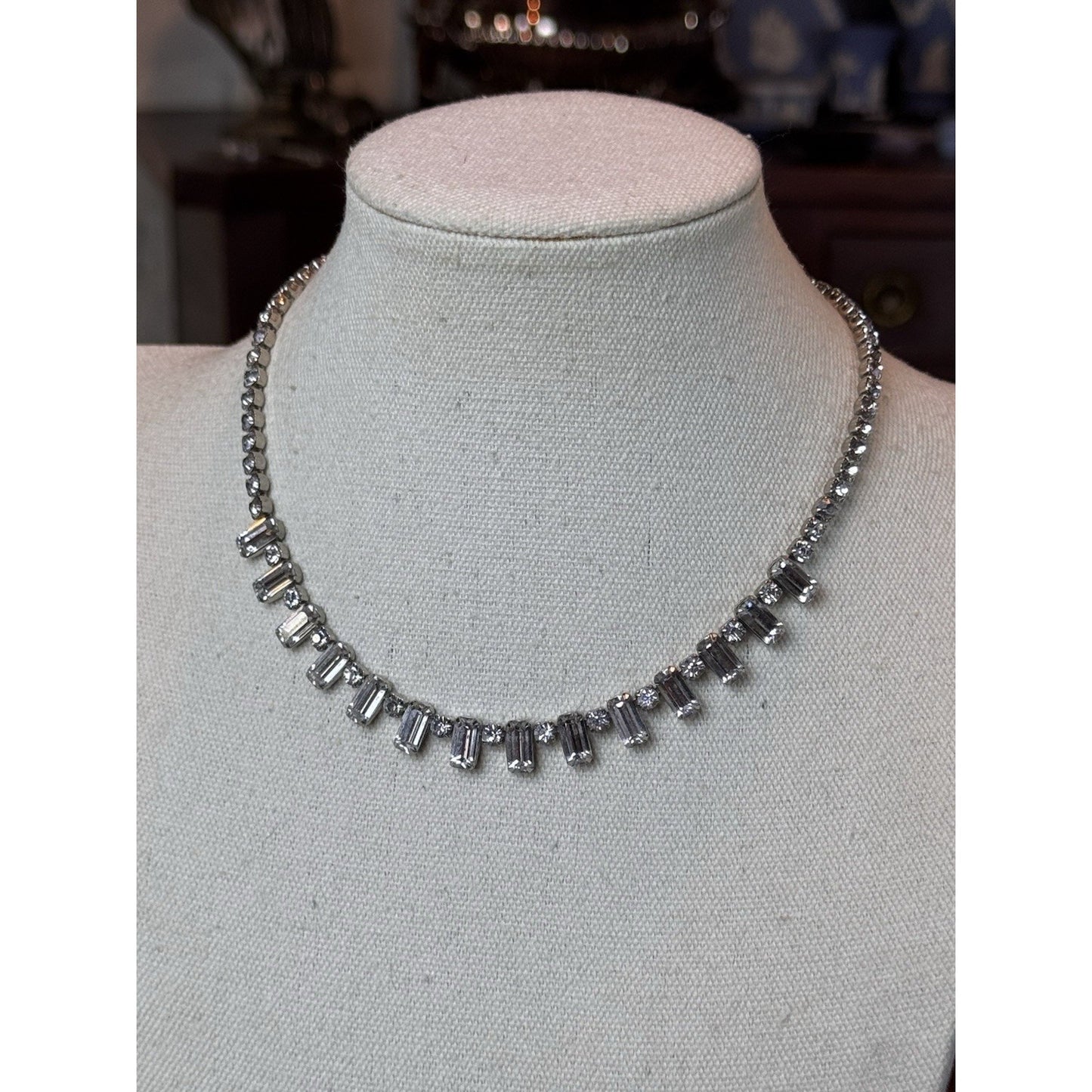 Vintage WEISS Necklace Clear Rhinestone Baguette Fringe – Signed – Circa 1950s
