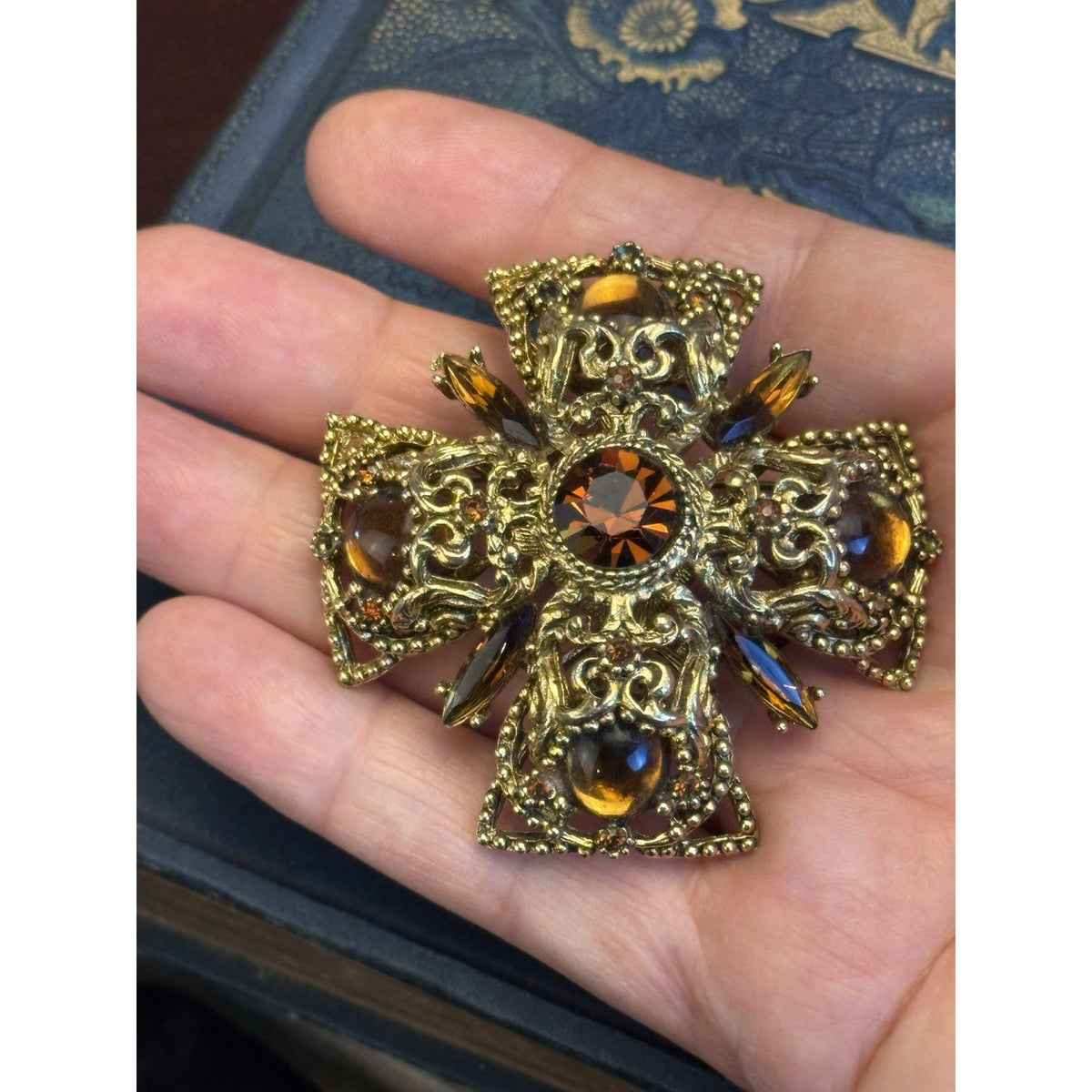 Vintage Brooch Pendant Maltese Cross Goldtone Amber Brown Rhinestones