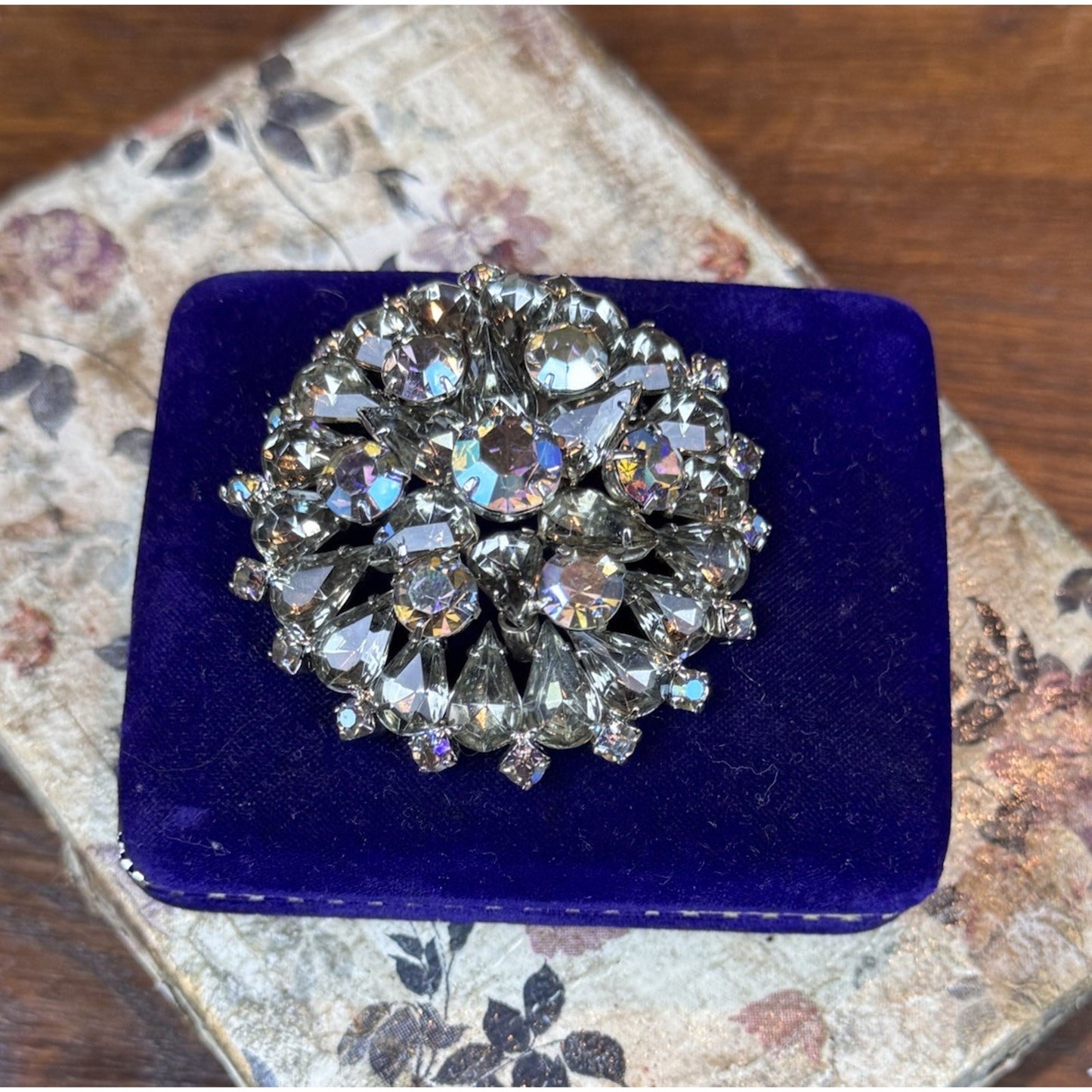 Vintage Smoky Gray AB Rhinestone Statement Brooch 2” Layered Floral Cluster