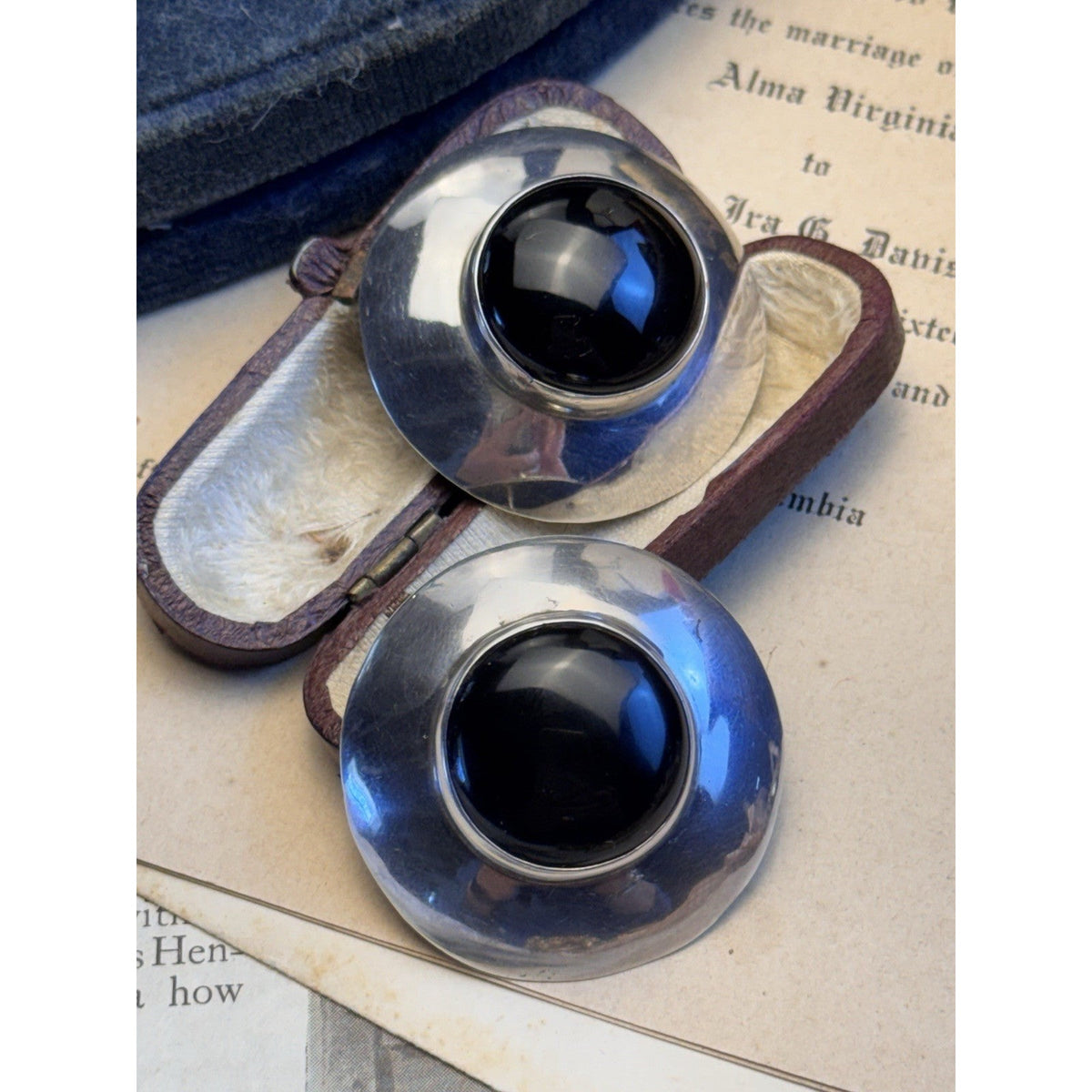 C&S Sterling Silver Black Onyx Post Earrings Round Modernist Statement 1 3/8”