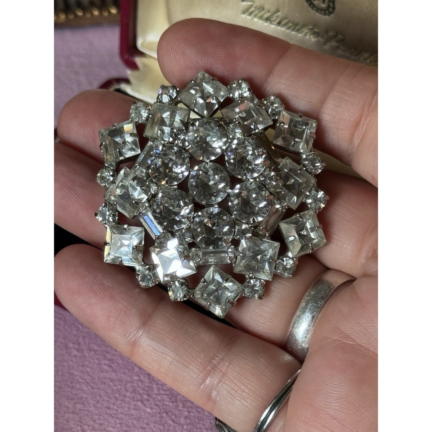 Vintage WEISS Brooch Clear Rhinestone Signed 2” Round Baguette Square
