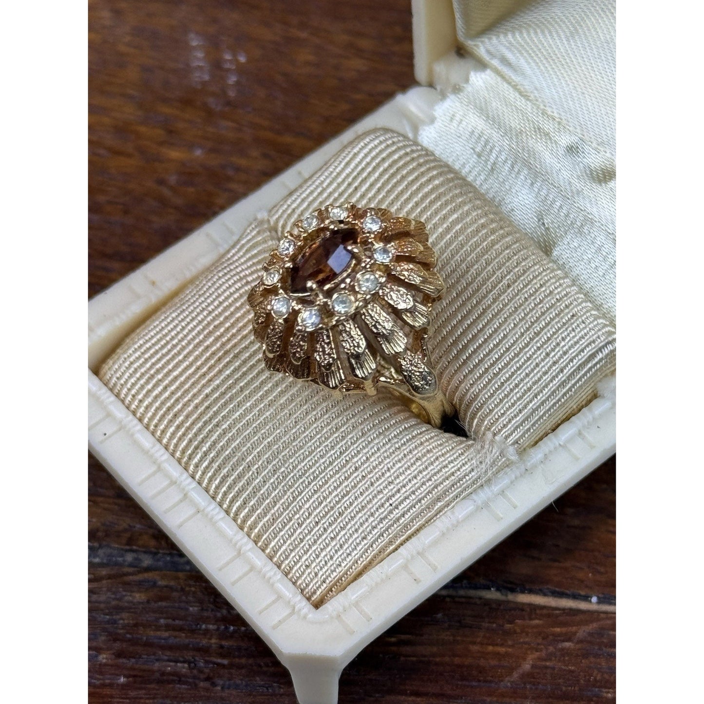Cocktail Ring Size 8 Goldtone Brown Clear Rhinestone Statement Jewelry