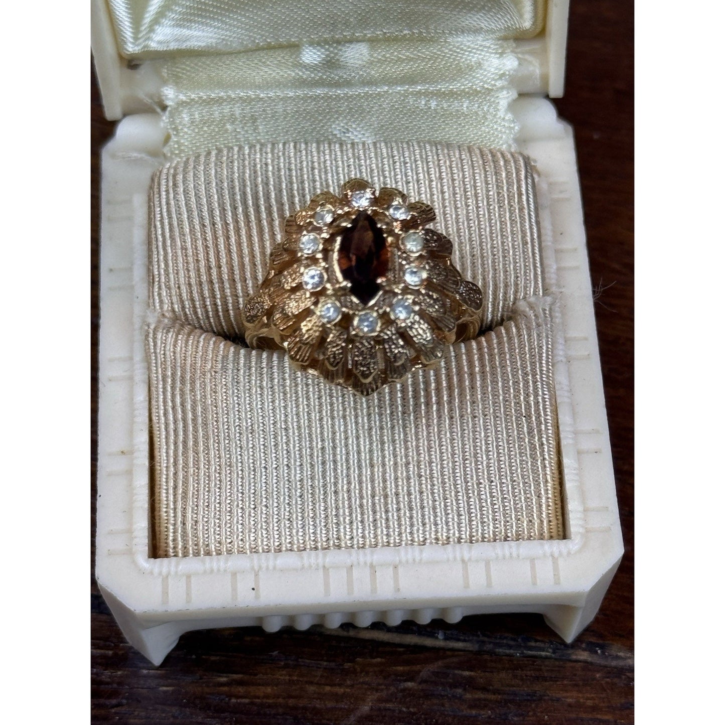 Cocktail Ring Size 8 Goldtone Brown Clear Rhinestone Statement Jewelry