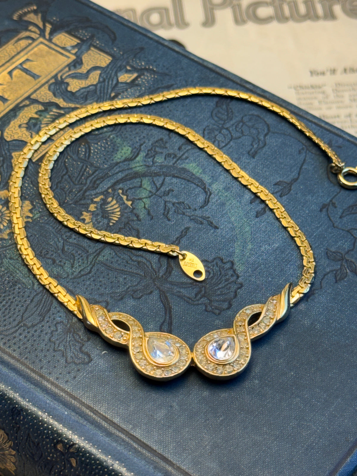 Vintage Trifari TM Necklace Goldtone Clear Crystals Signed 80s Couture