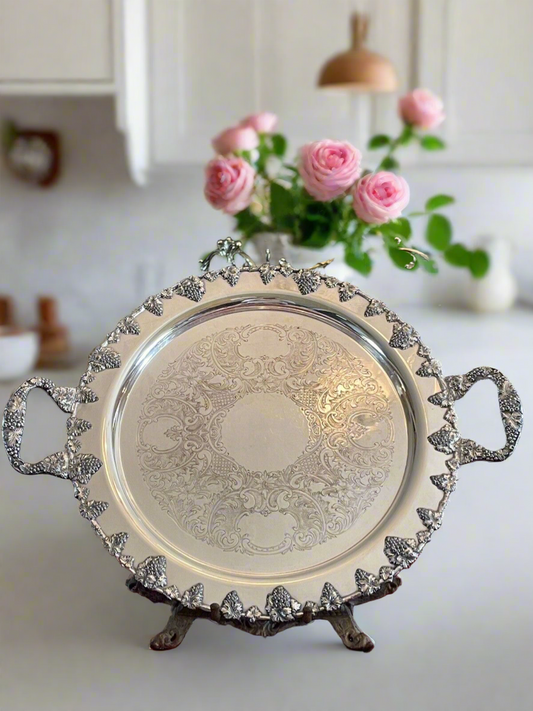 Silverplate Round Serving Tea Tray Grape Motif By Federal EXQUISITE 18.75"