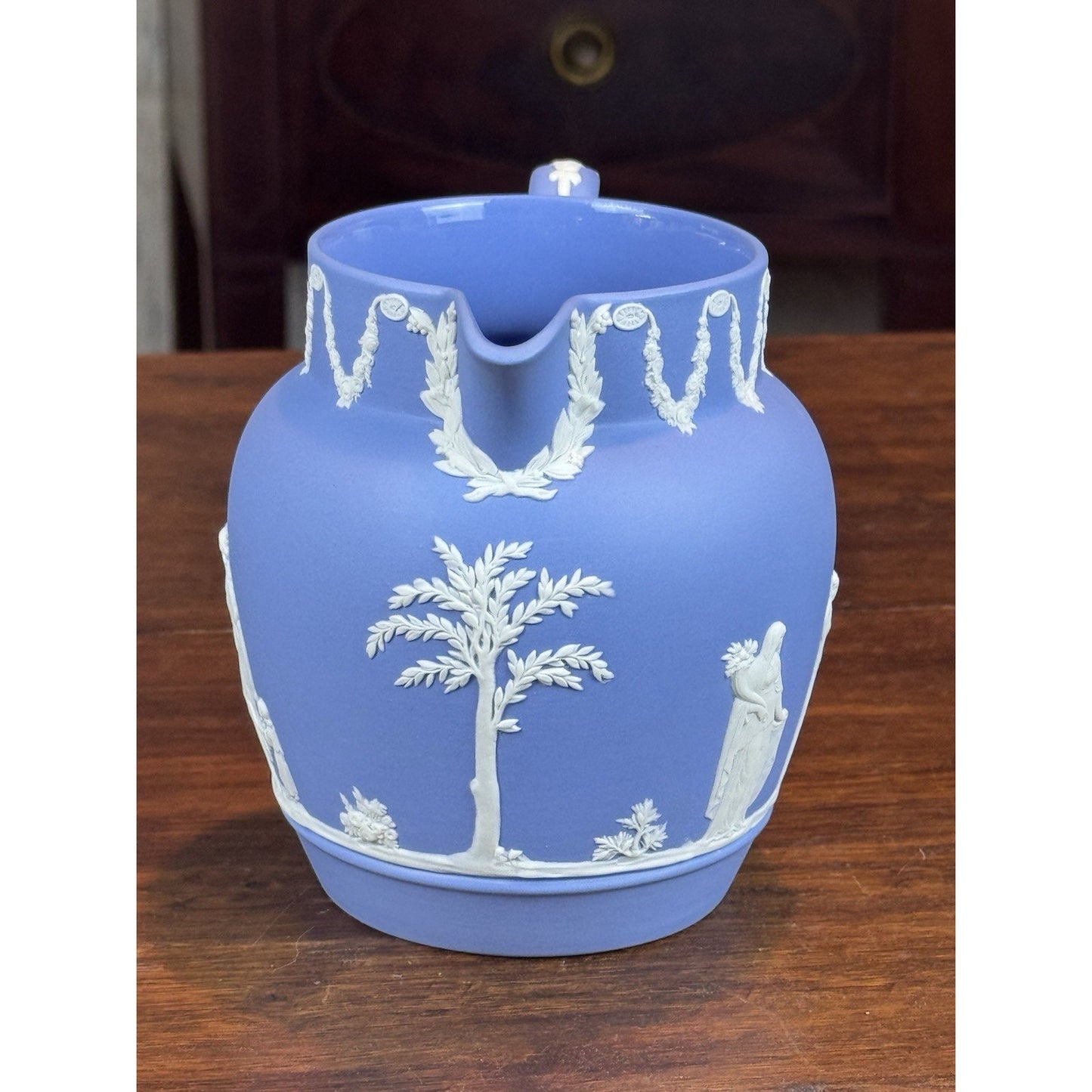 Vintage Wedgwood Jasperware Pitcher Blue White Classical Figures England 5”