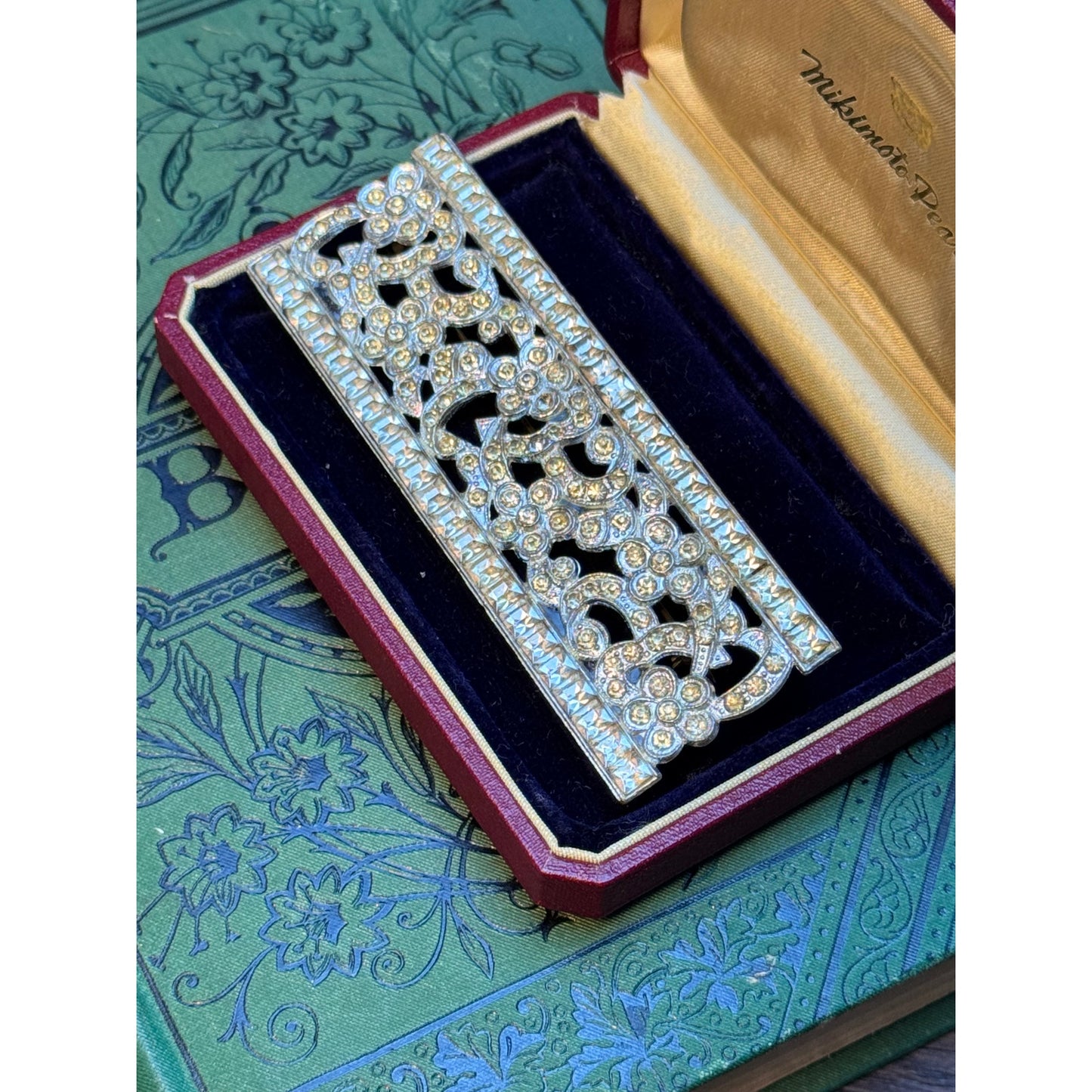 Vintage Blue Rhinestone Brooch Floral Ribbon Bow Statement