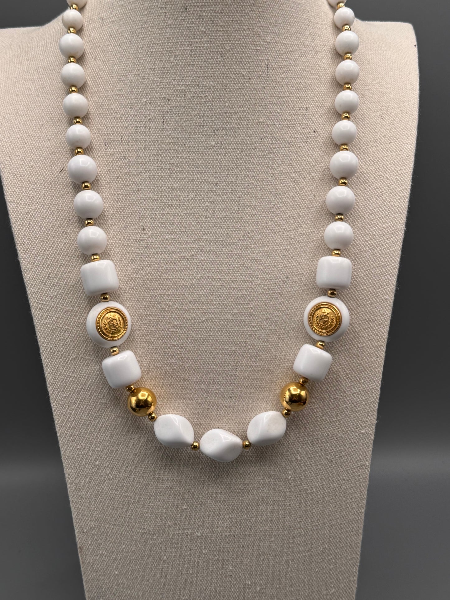 Vintage White Acrylic Beaded Necklace Goldtone Accents 26.5” 80s