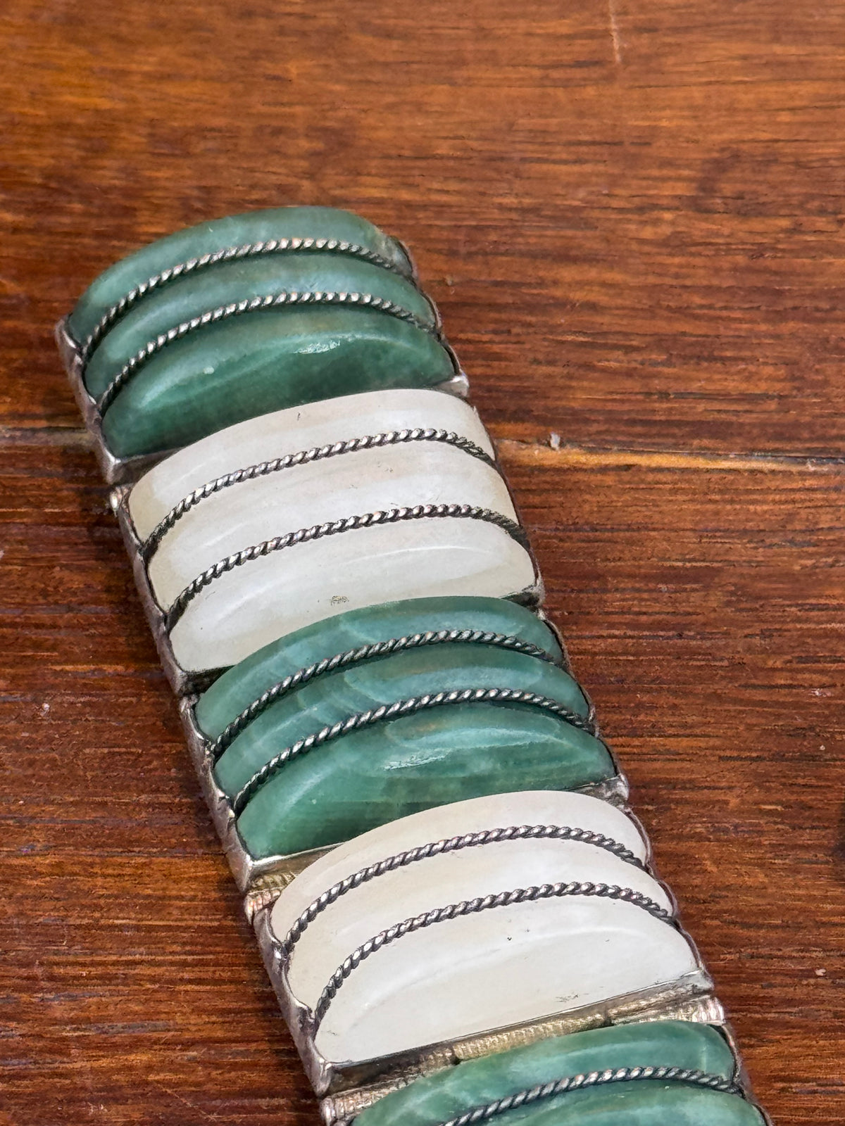 Vintage Silver Bracelet Earrings Mexico Green White Stone Articulated Set