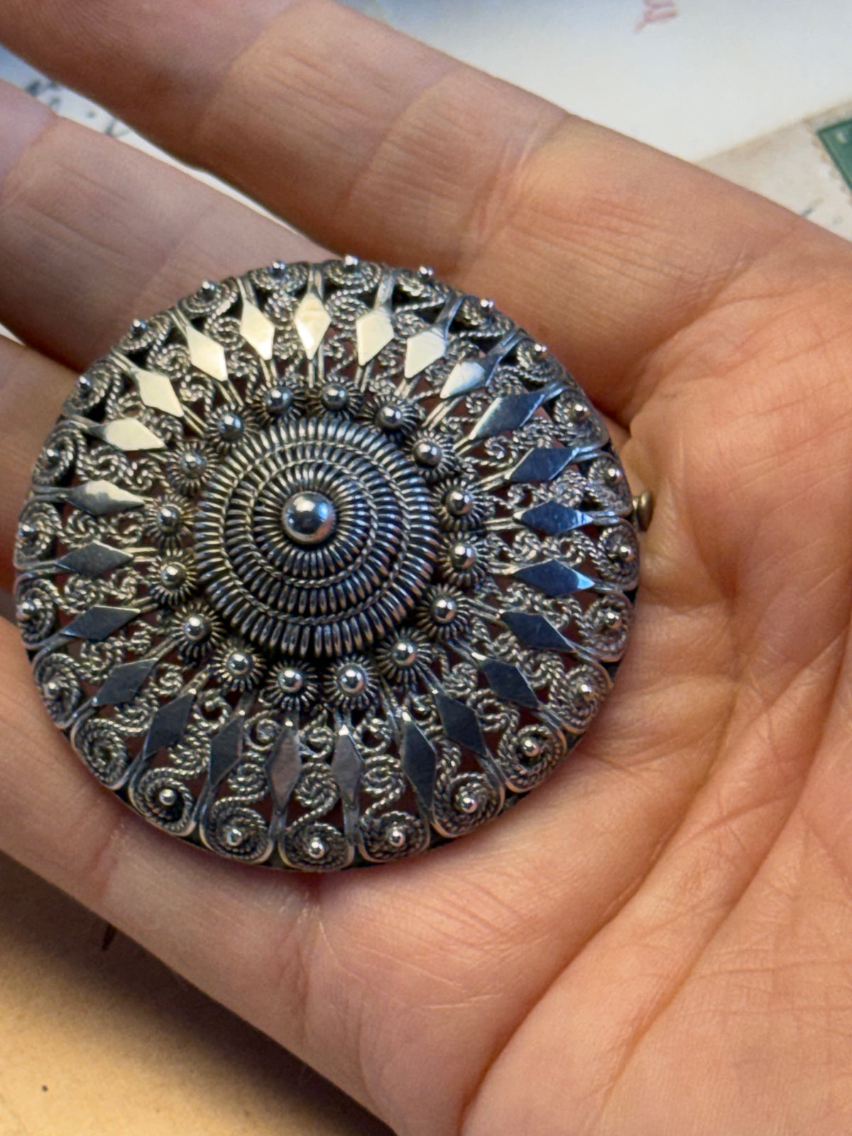 Silver Dutch Zeeland Button Brooch Zeeuwse Knoop Filigree Trombone Clasp 2”