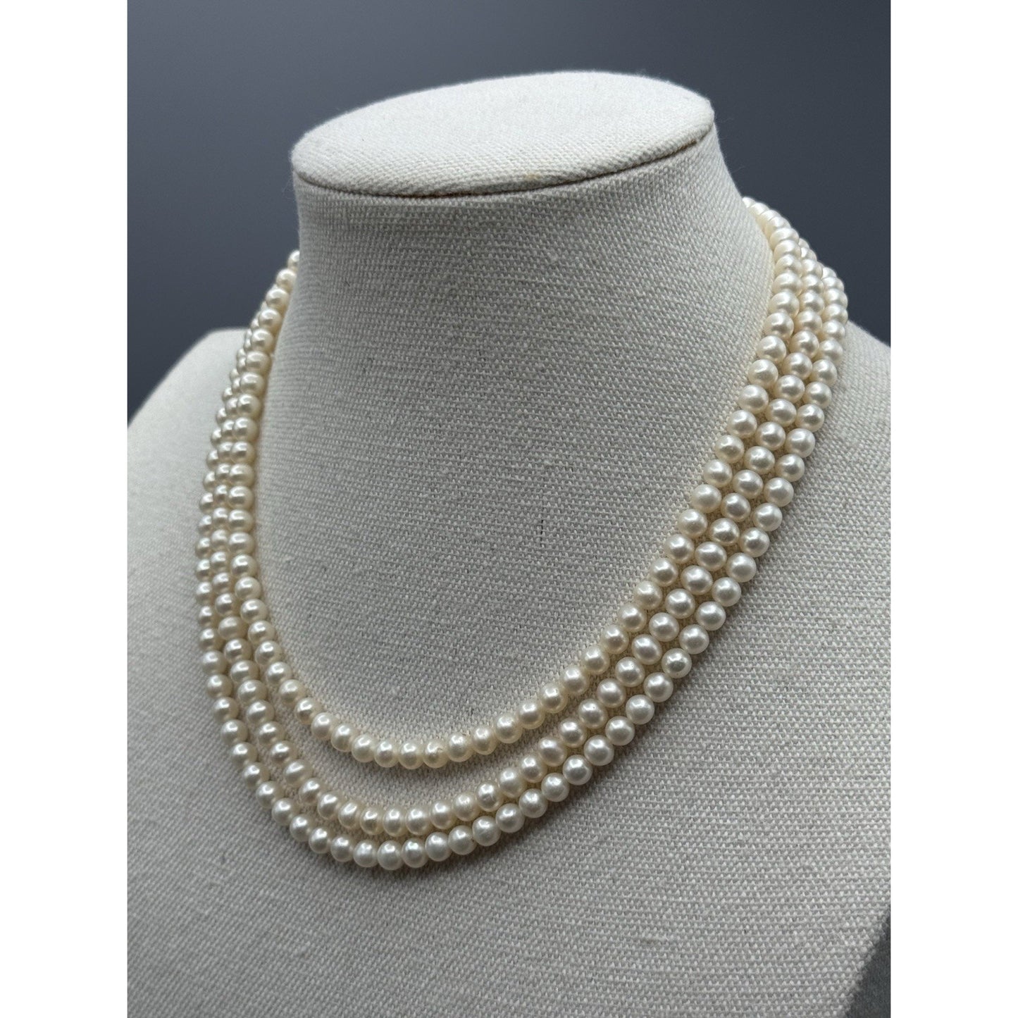 Vintage Cultured Pearl Necklace 3 Strand 16” White Pearls Silvertone Clasp