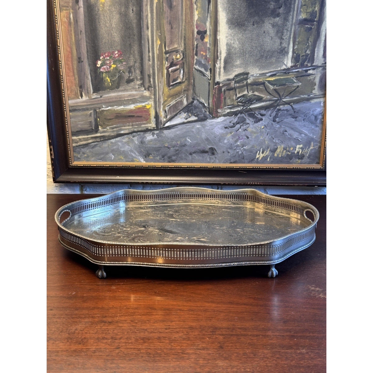 Silverplate Gallery Tray SHEFFIELD Serpentine Reticulated Chased Footed 18”