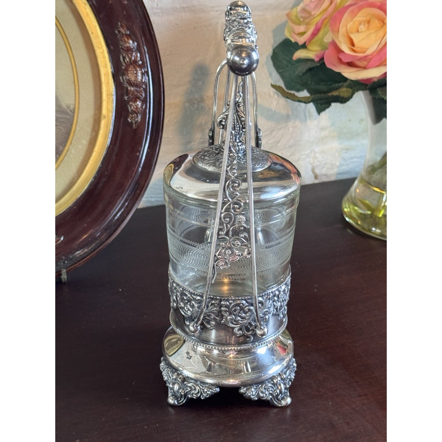 Antique Pickle Castor Forbes Silver Co Quadruple Plate Glass Jar & Tongs
