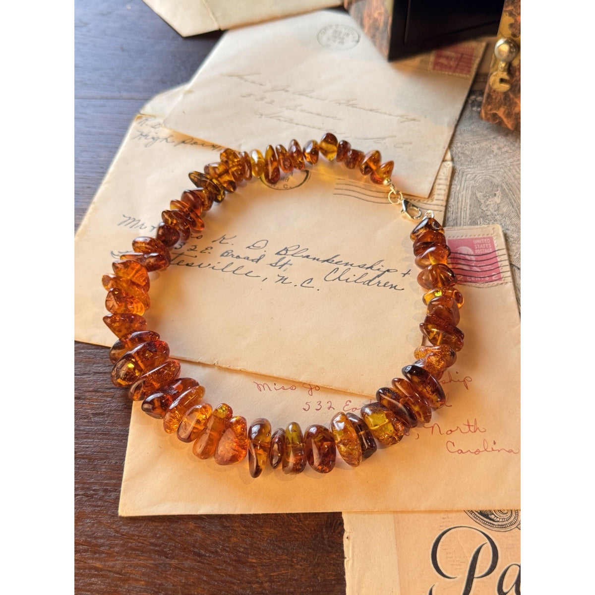 Vintage AMBER Necklace Chunky Graduated Nugget Beads Silvertone Clasp 16”