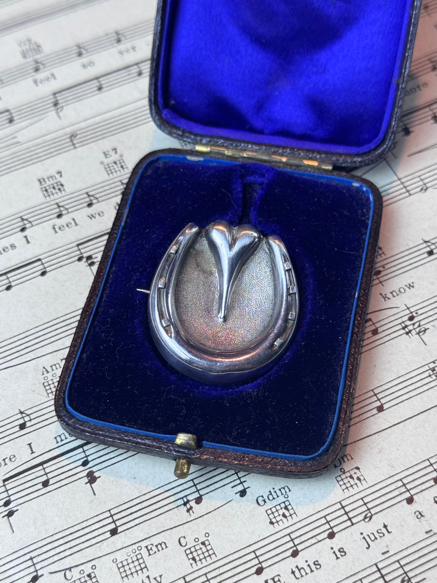 Antique Victorian Horseshoe Heart Brooch Unmarked Tested Silver 1.25” Lucky Pin