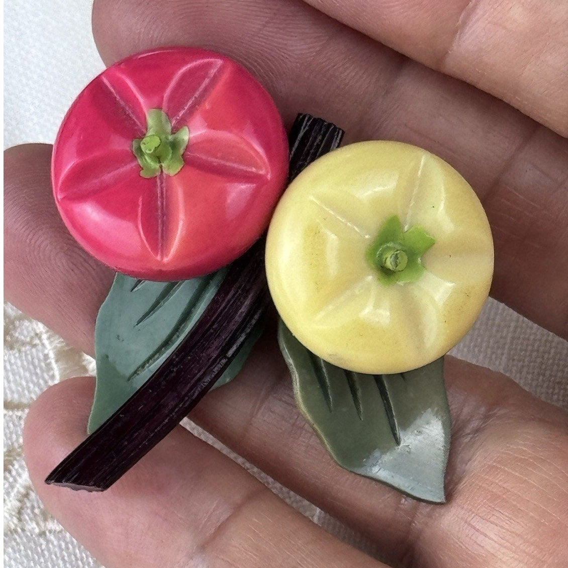 Plastic Fruit Brooch Pink Yellow Persimmon Figural Pin 2” Mid Century VINTAGE