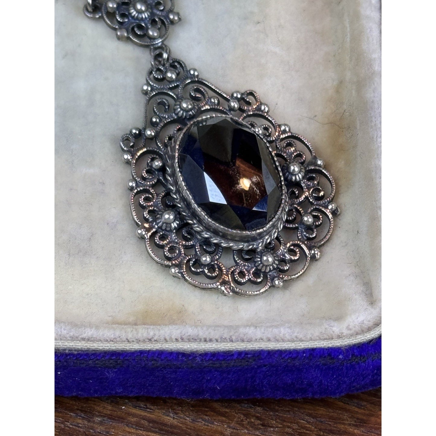 VTG Danecraft Sterling Silver Hematite Ornate Filigree Necklace w/ Original Tag