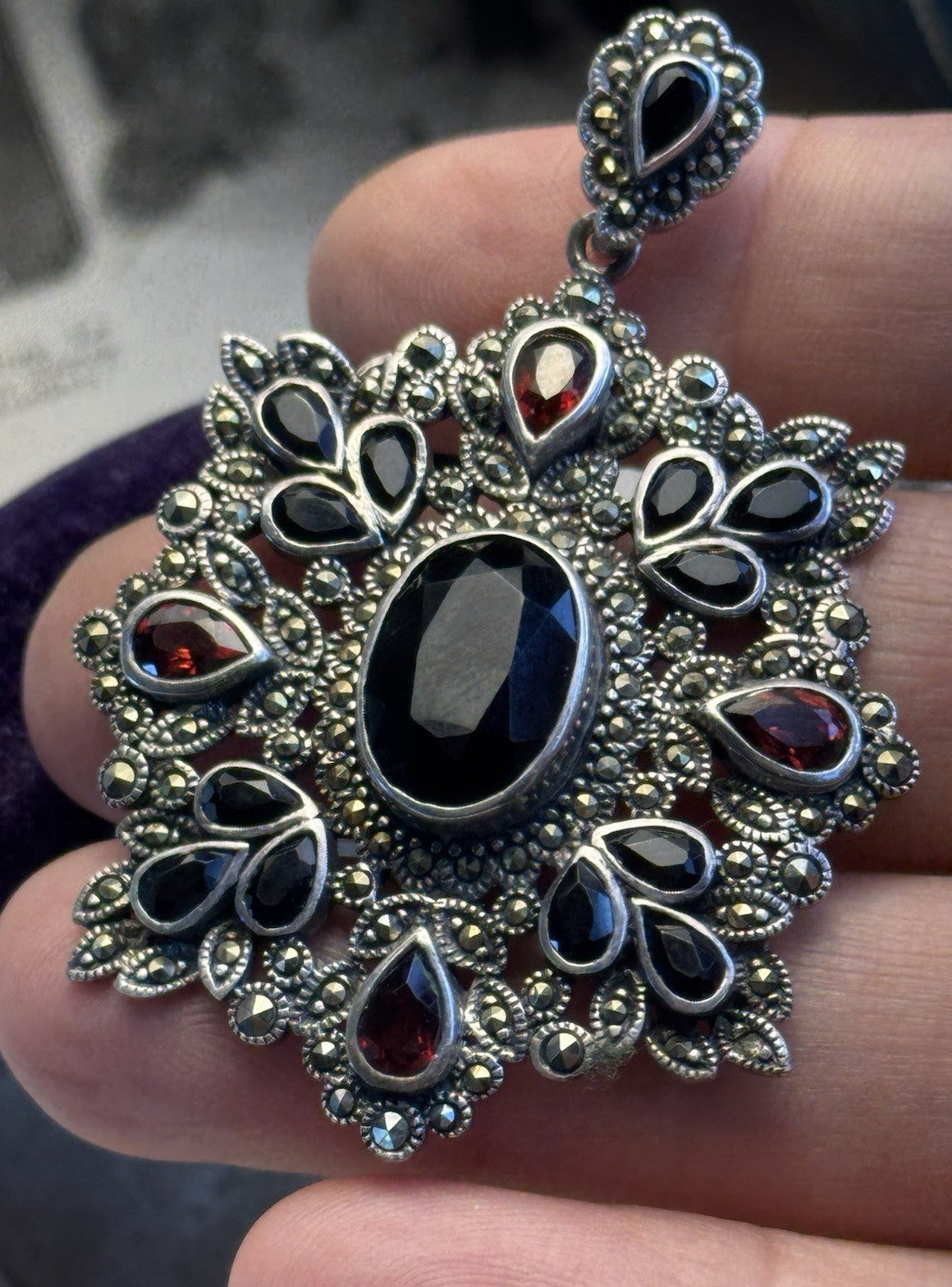 Sterling Silver Pendant Garnet Black Stones Marcasite Victorian Revival 2.25”