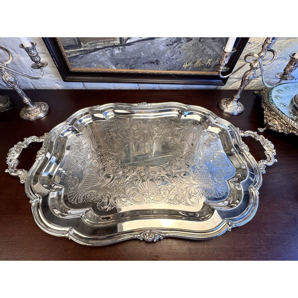 LARGE Silverplate Tray Sheffield Reproduction 31” Chased Ornate Handles