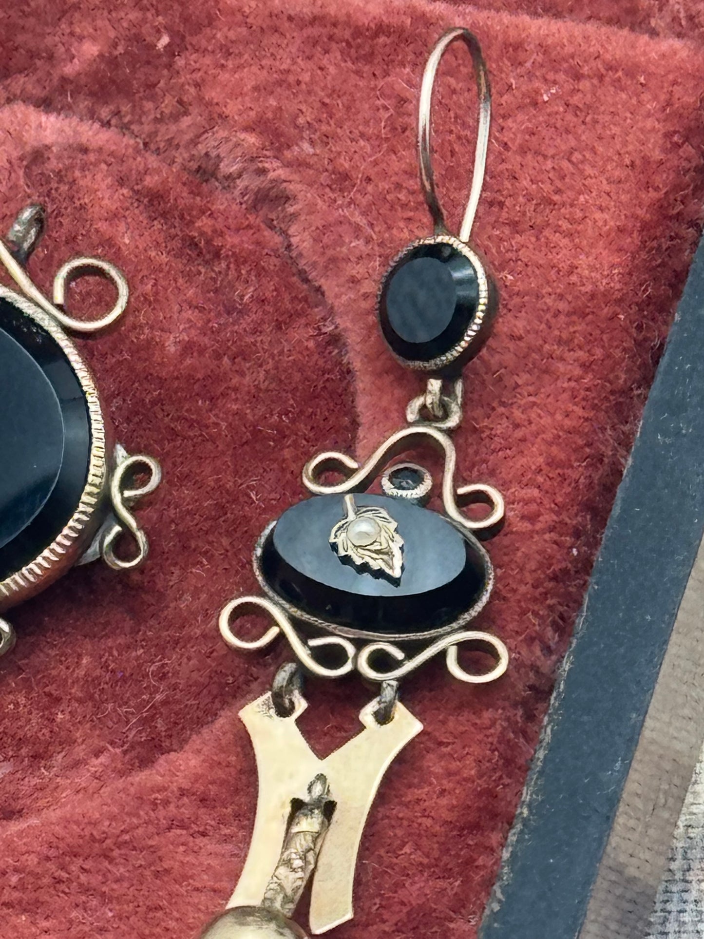 Victorian Gold-Filled Onyx & Seed Pearl Brooch & Earrings Set - Mourning