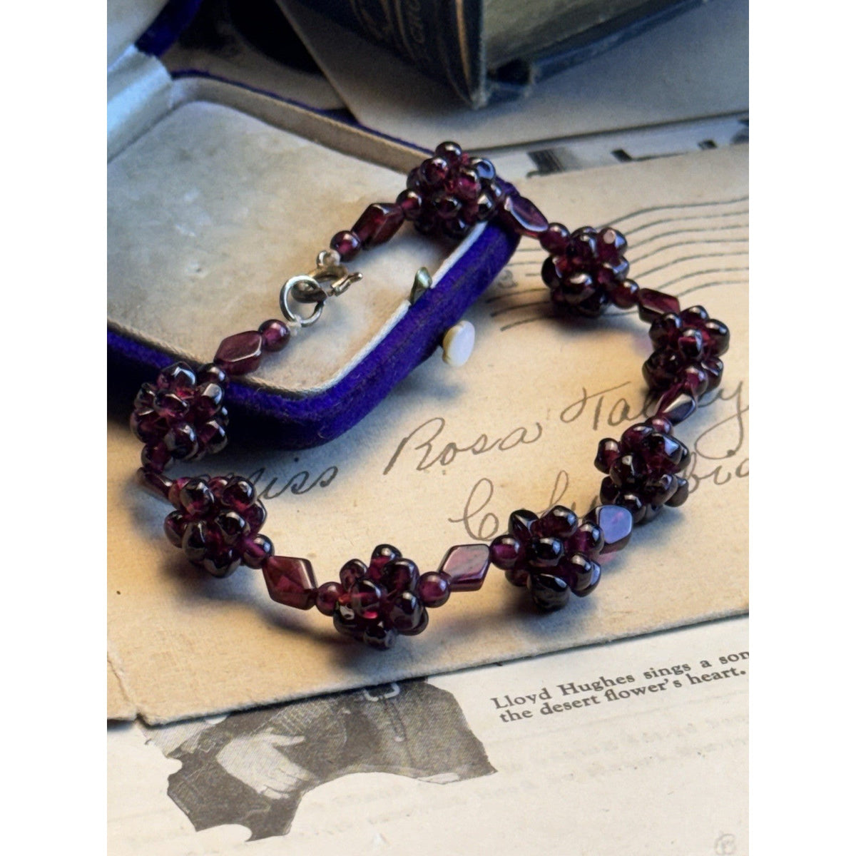 Garnet Bead Bracelet Flower Clusters Deep Red Shaped Beads 6.75”