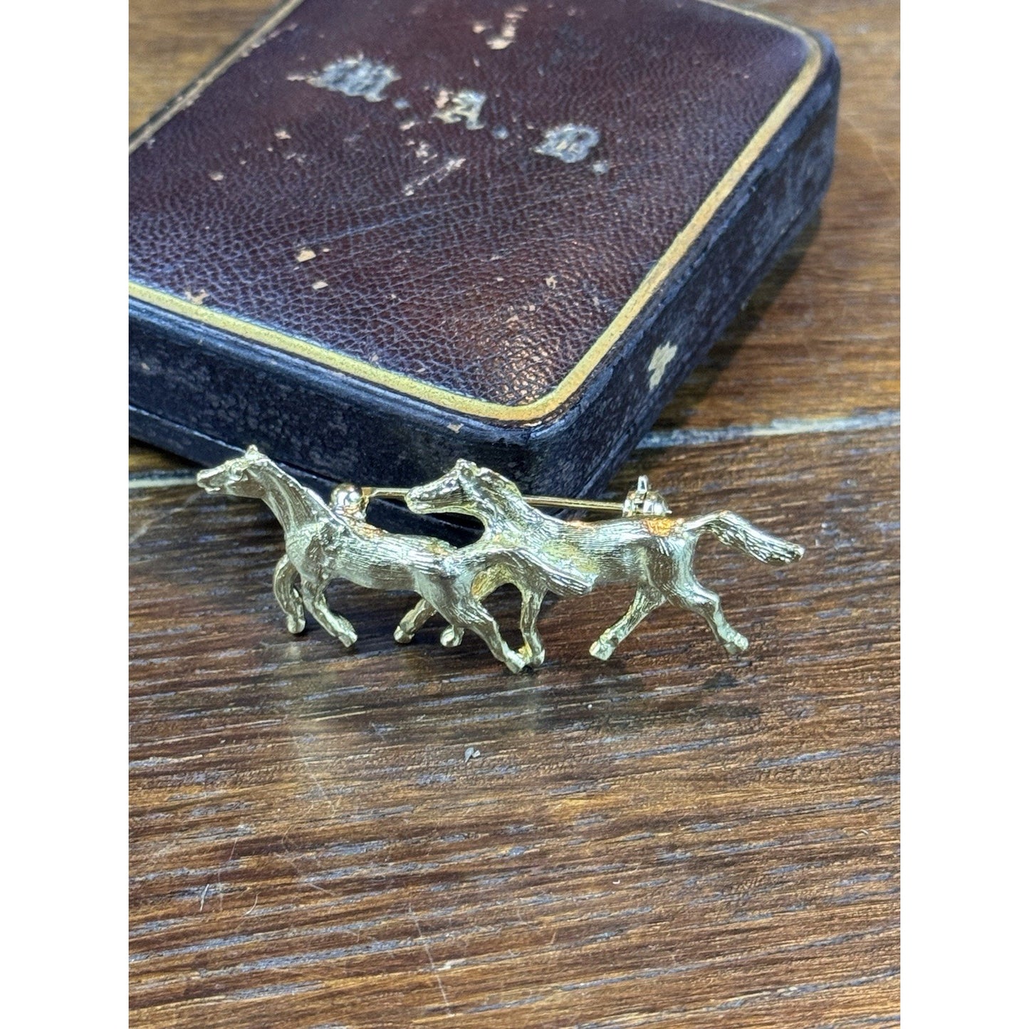 Vintage Horse Brooch Goldtone Two Running Horses Equestrian Pin 2.25” x 1”