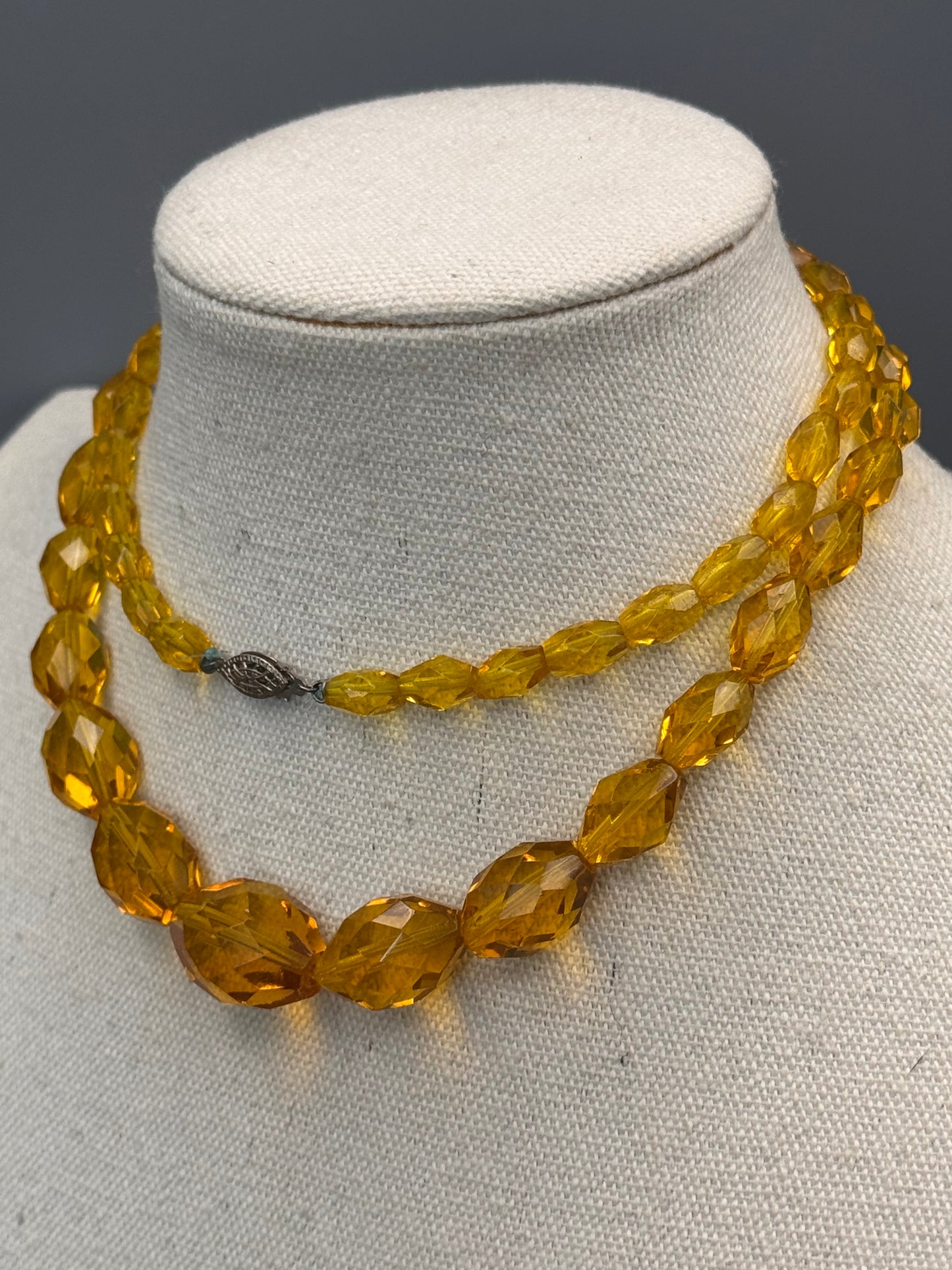 Vintage Necklace Yellow Faceted Glass Beads Czech Style Graduated 27.5”