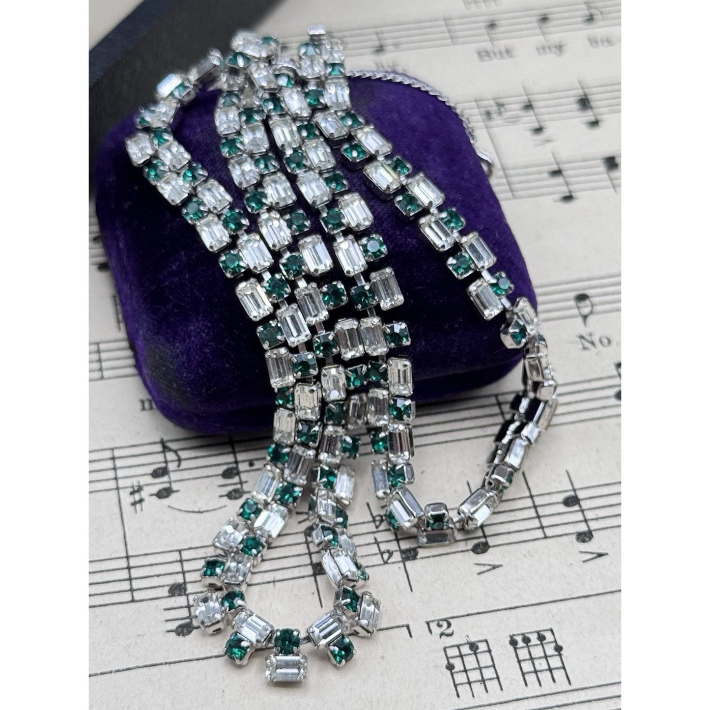 Schoffel Austria Necklace Green Clear Rhinestone Signed Vintage 15.5”