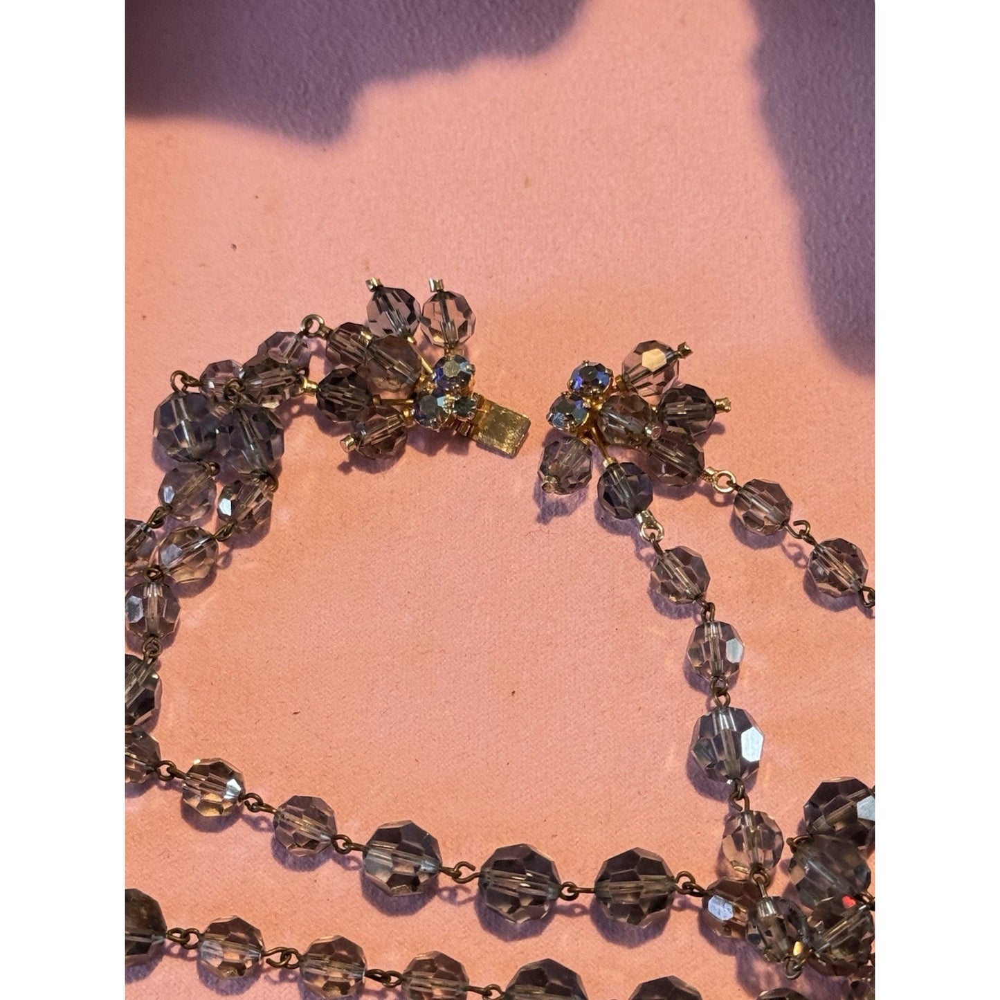 Vintage Austrian Crystal Bead Necklace Signed Gray Blue Faceted Beads 16”