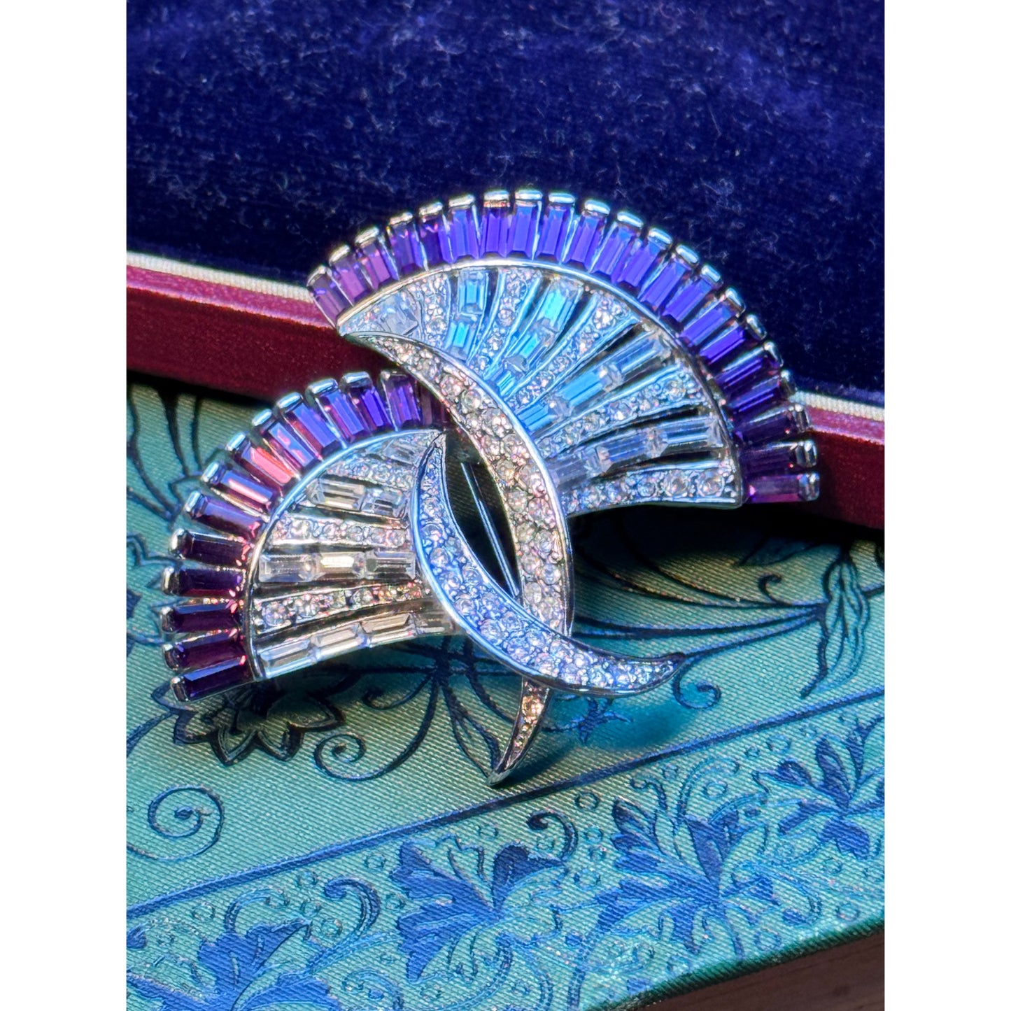 Vintage Blue Rhinestone Brooch Floral Ribbon Bow Statement