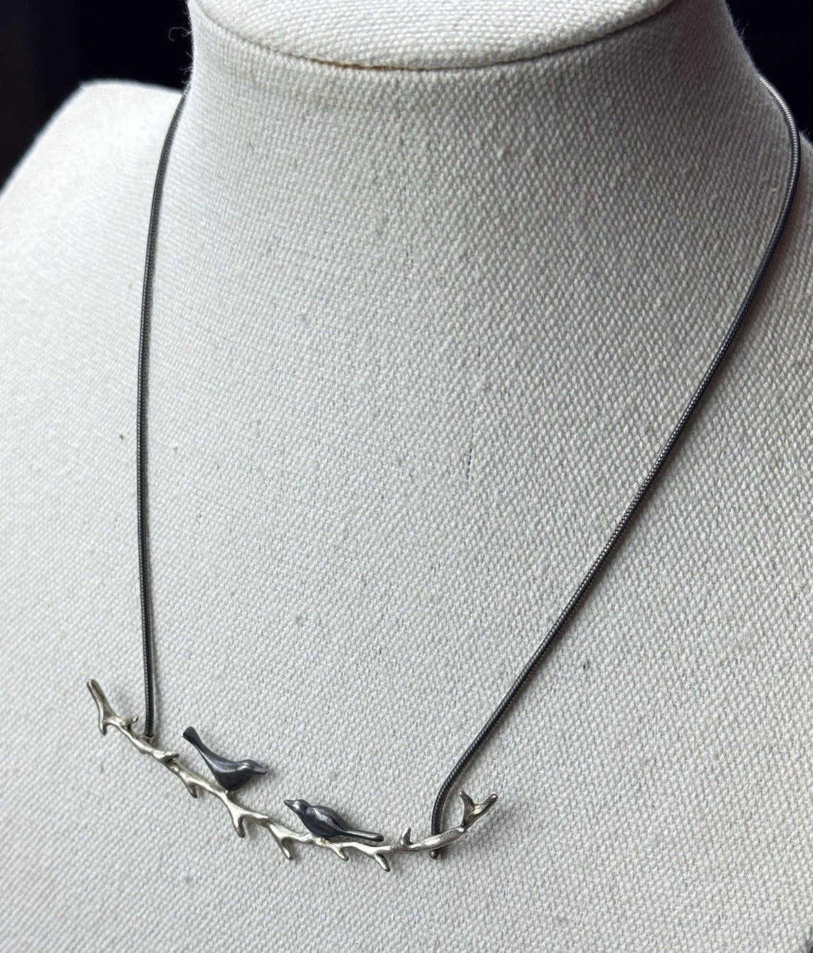 Sterling Bird Necklace 17” Modernist Birds on Branch Pendant 3.25” 925