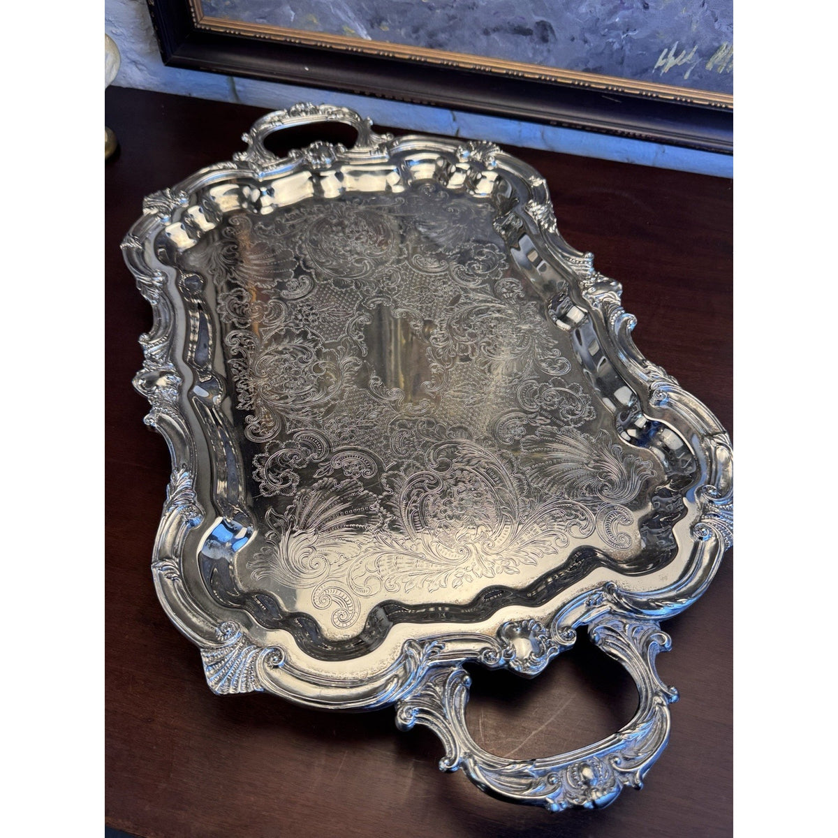 Silverplate Serving Tray Large Footed Serpentine Handled Shell Chased VINTAGE