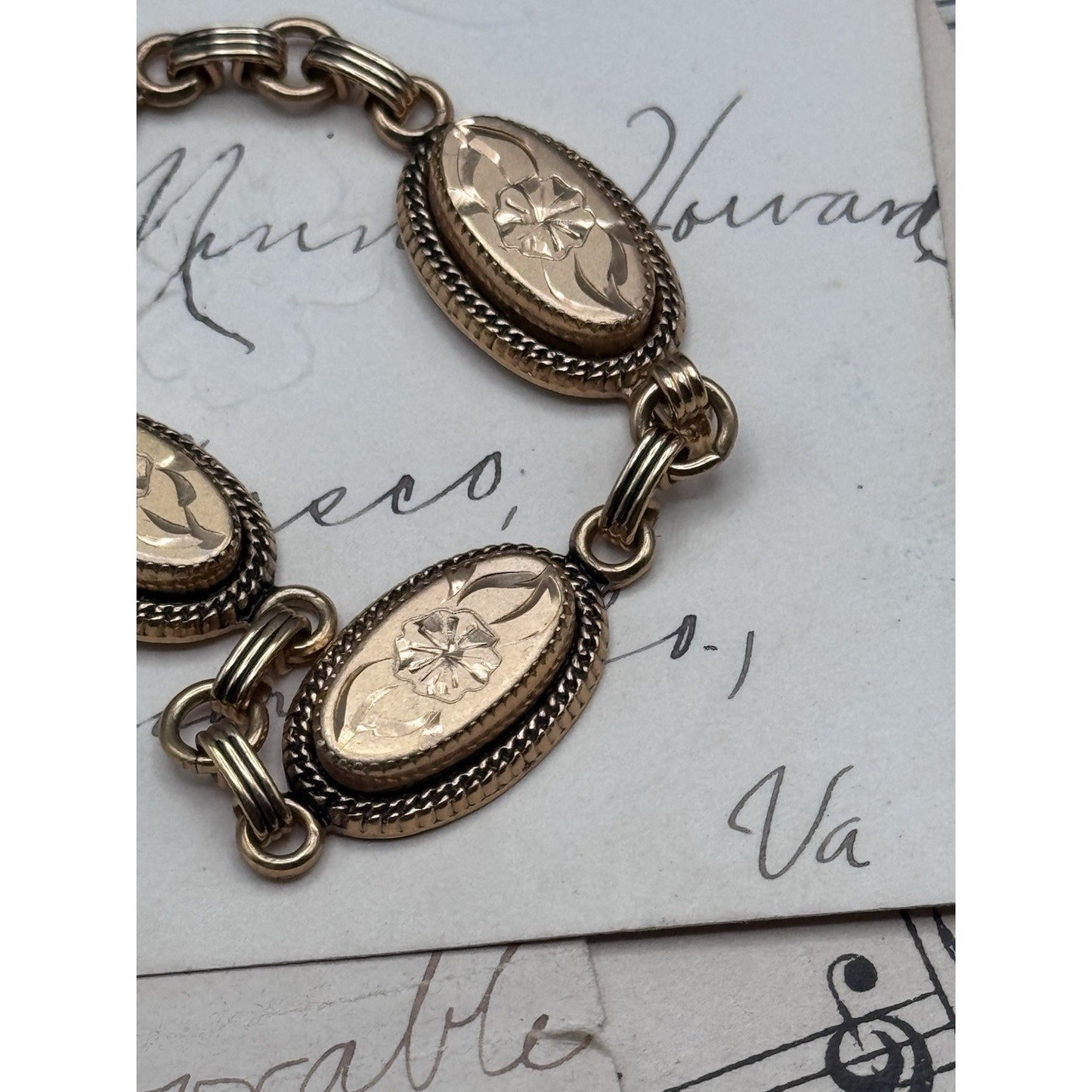 Vintage Gold Filled Floral Link Bracelet Victorian Style Safety Chain 7”