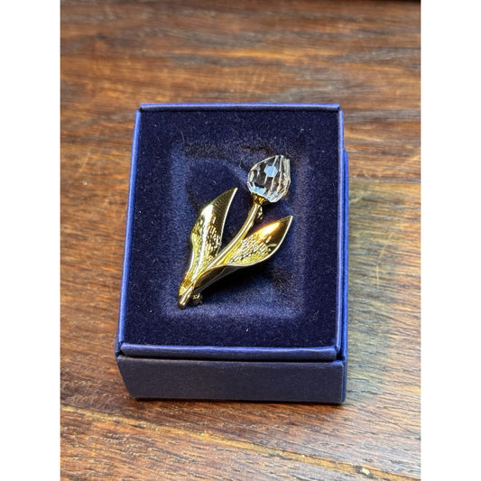 Vintage Swarovski Crystal Tulip Floral Flower Brooch Pin Gold Tone Signed In Box