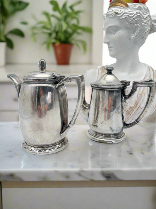 Pair Hotel Silver Soldered Tea Pots 8oz & 14oz 1 marked A Schine Hotel