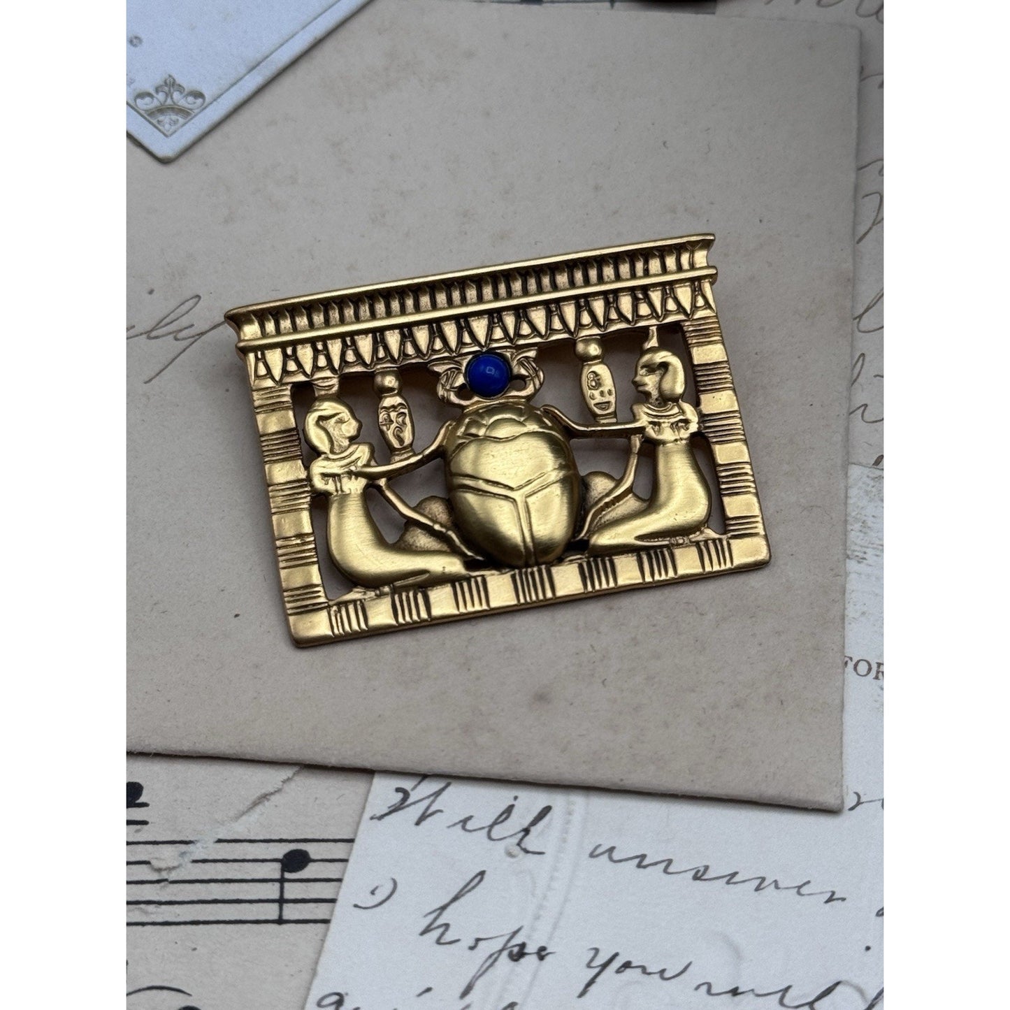 Egyptian Revival Goldtone Scarab Brooch Blue Cabochon 1.75” ESTATE FIND
