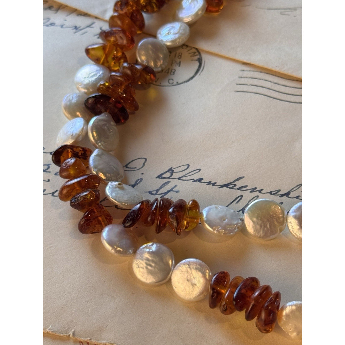 Amber Necklace Cultured Pearl Coin Nugget Beads Silvertone Lobster Clasp 22”