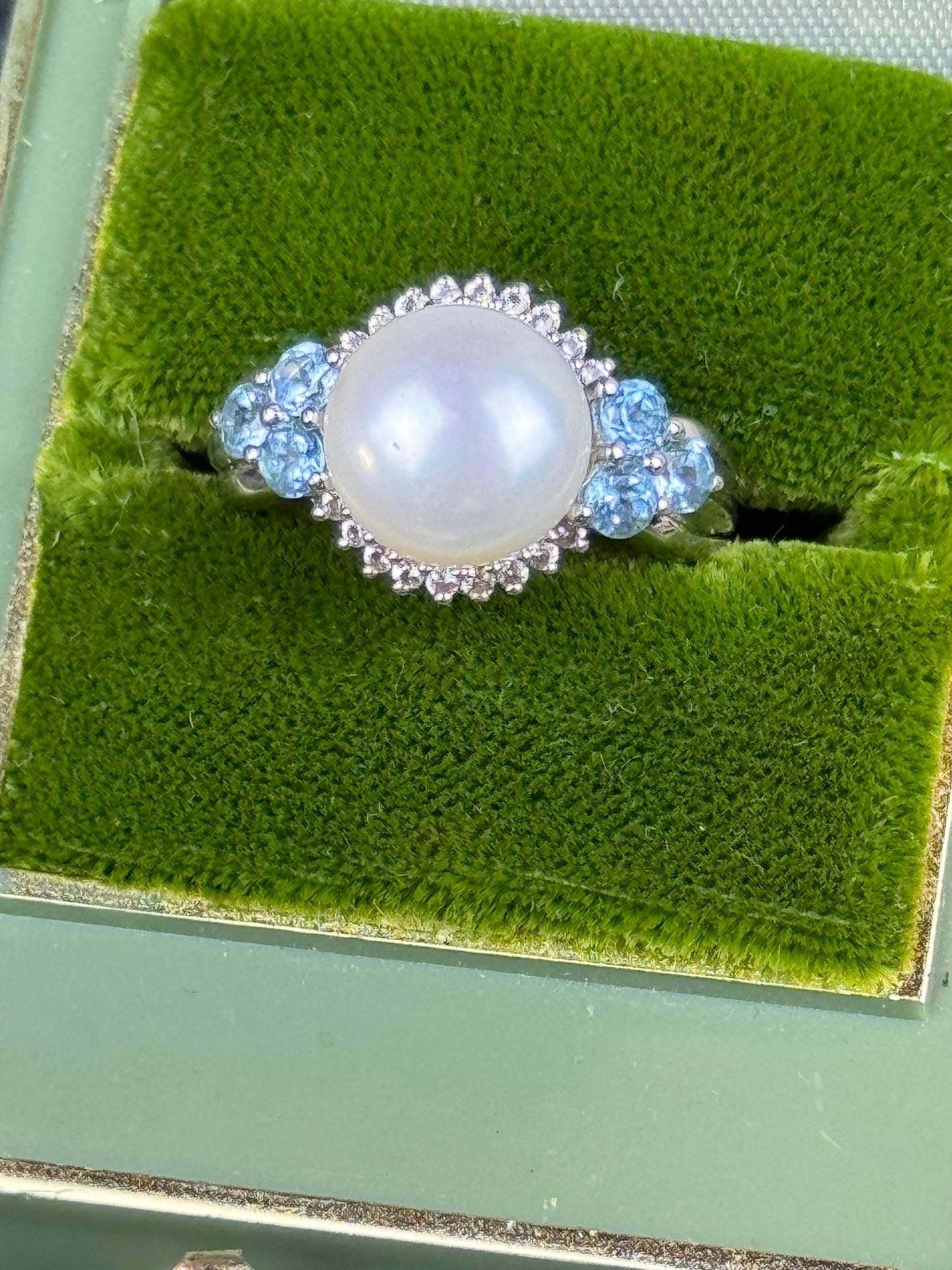 Vintage Sterling Silver Pearl Blue Stone Ring 6.75 & Earrings Set 925