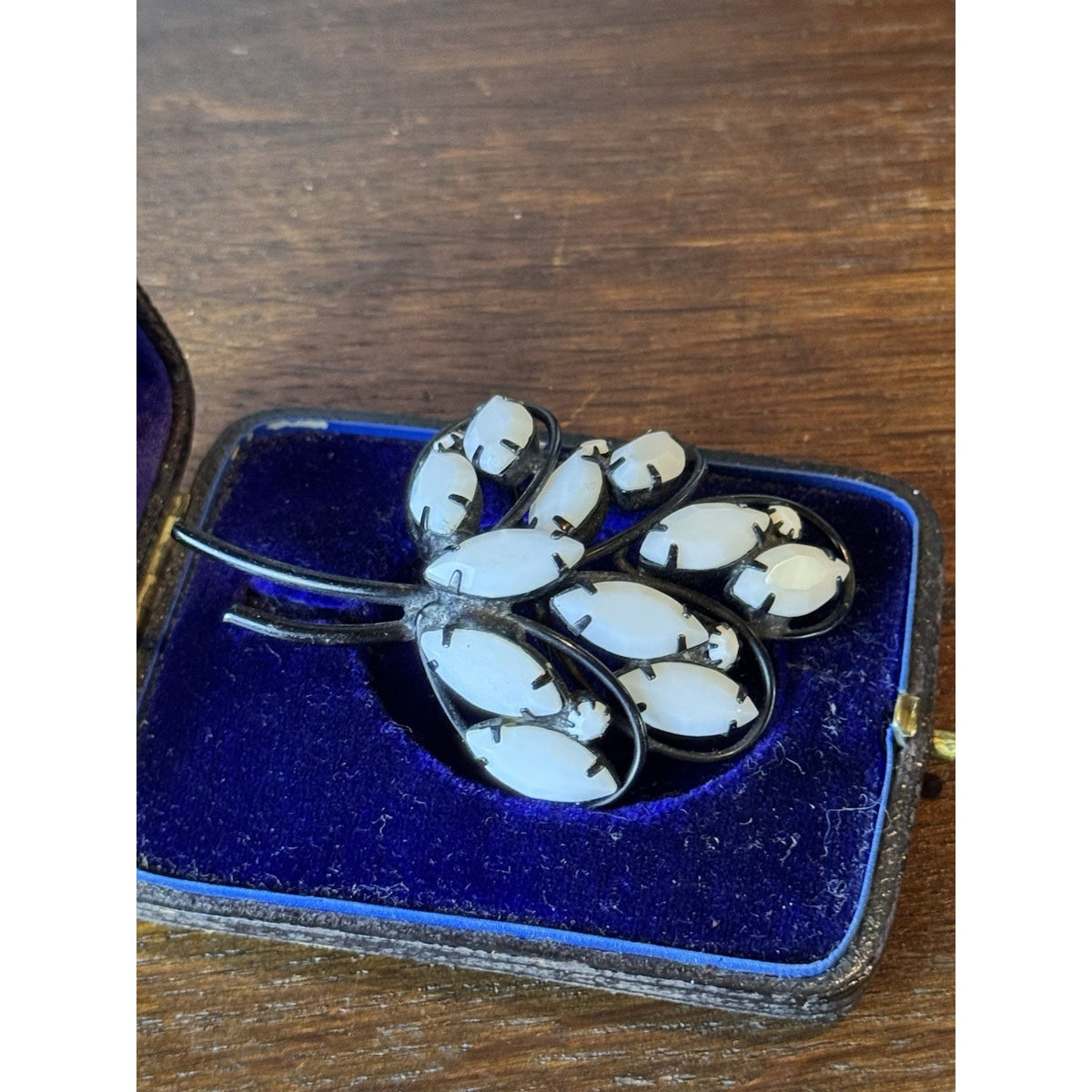 Vintage Brooch Black White Glass Floral Spray Japanned Statement Pin 2.5”