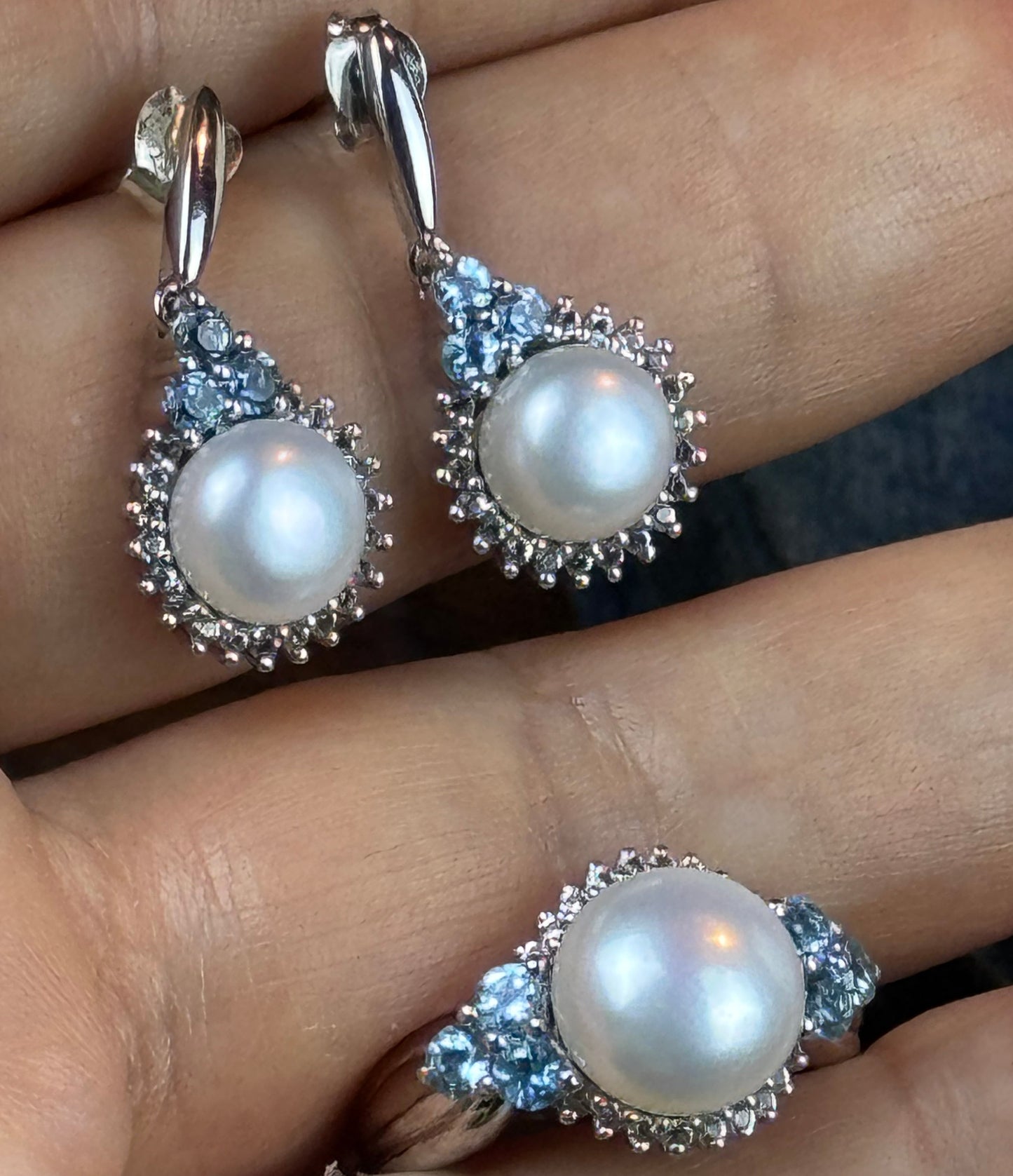 Vintage Sterling Silver Pearl Blue Stone Ring 6.75 & Earrings Set 925