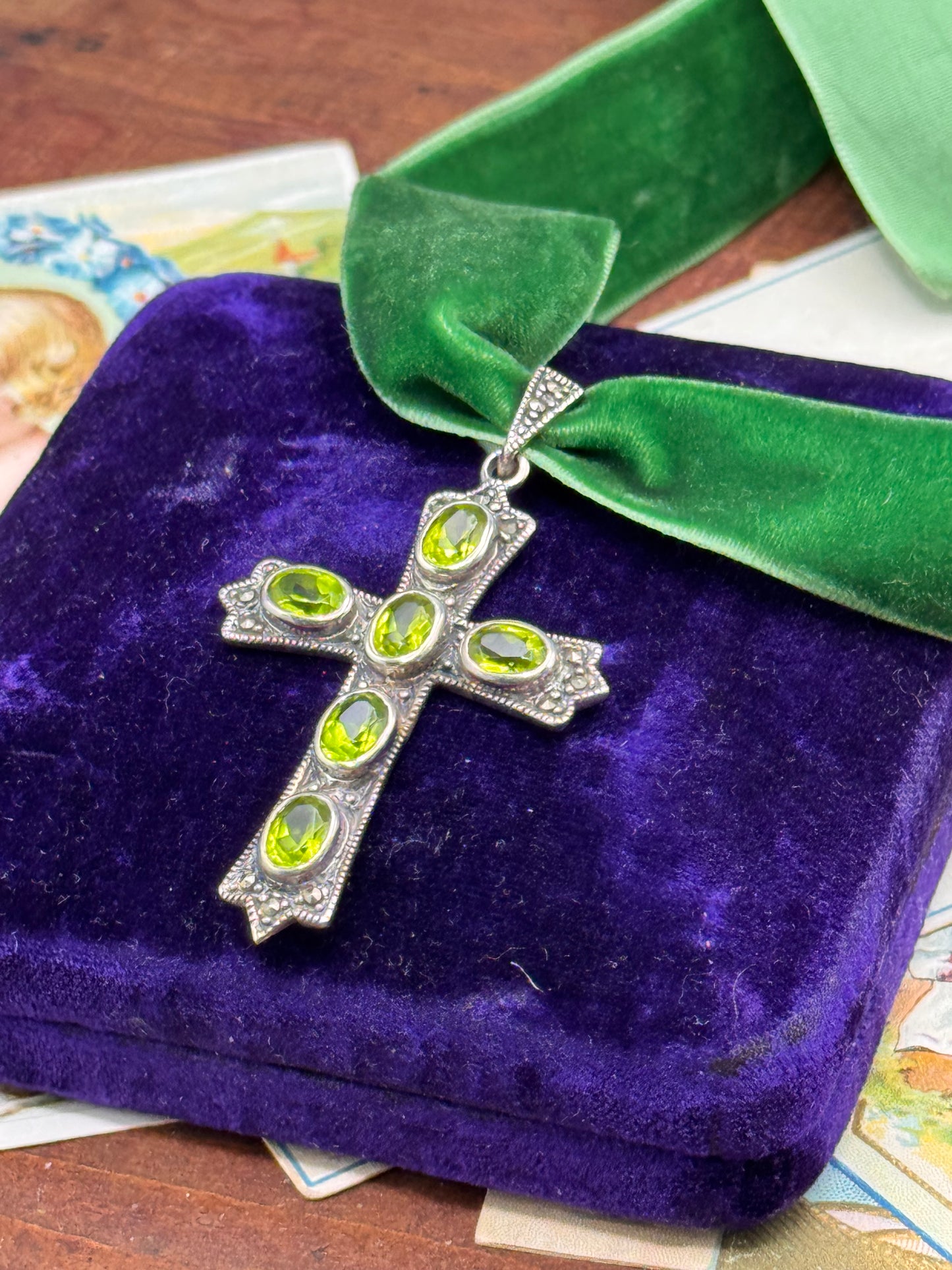 Vintage Sterling Silver Cross Pendant Peridot Green Stones 2.25” Statement Necklace