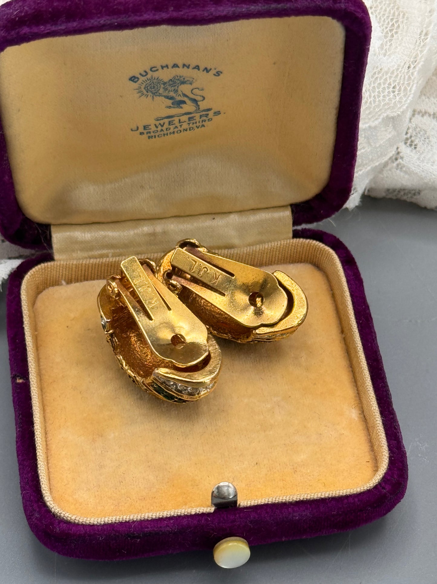 Vintage KJL Signed Kenneth J Lane Clip-On Earrings Emerald Green Clear Rhinestone Goldtone
