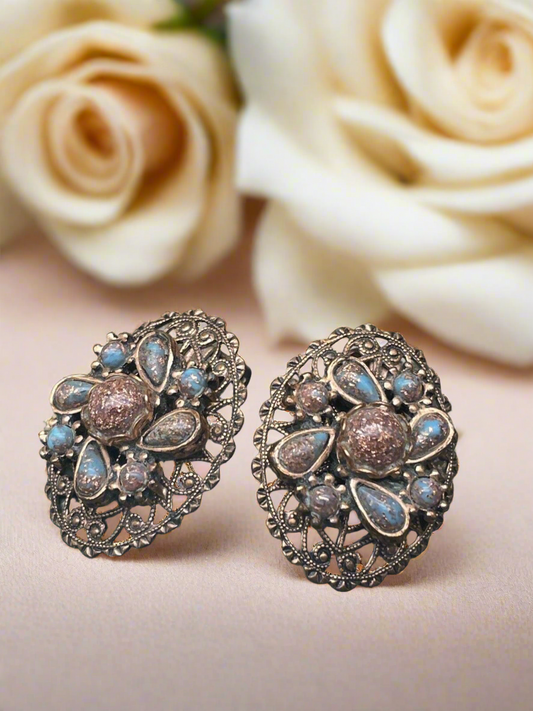 Vintage Blue & Copper Filigree Clip On Earrings