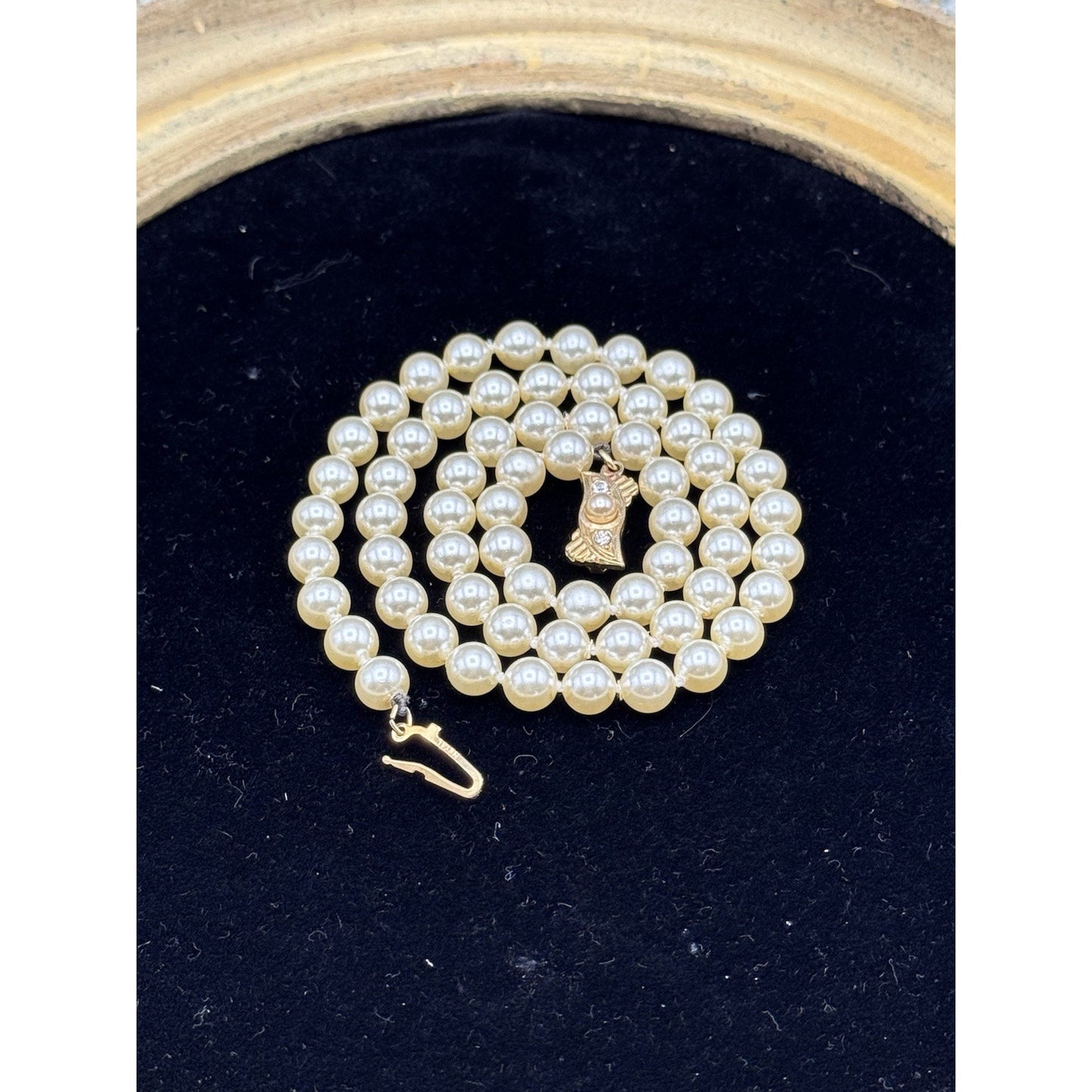 Vintage Faux Pearl Necklace Knotted 18.5” Gold Tone Rhinestone Clasp Bridal