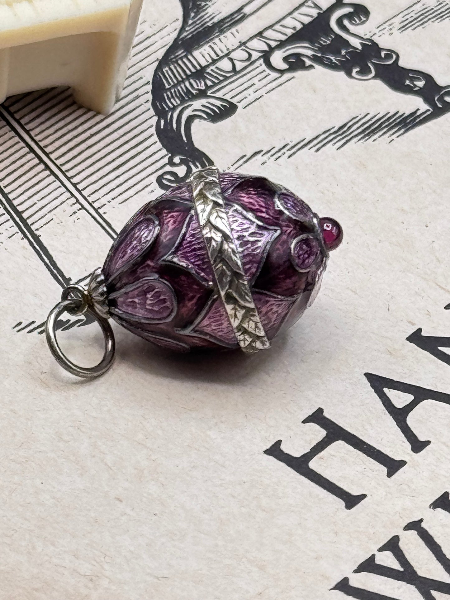 Vintage Guilloche Enamel Egg Pendant Purple Floral Pink Velvet Ribbon