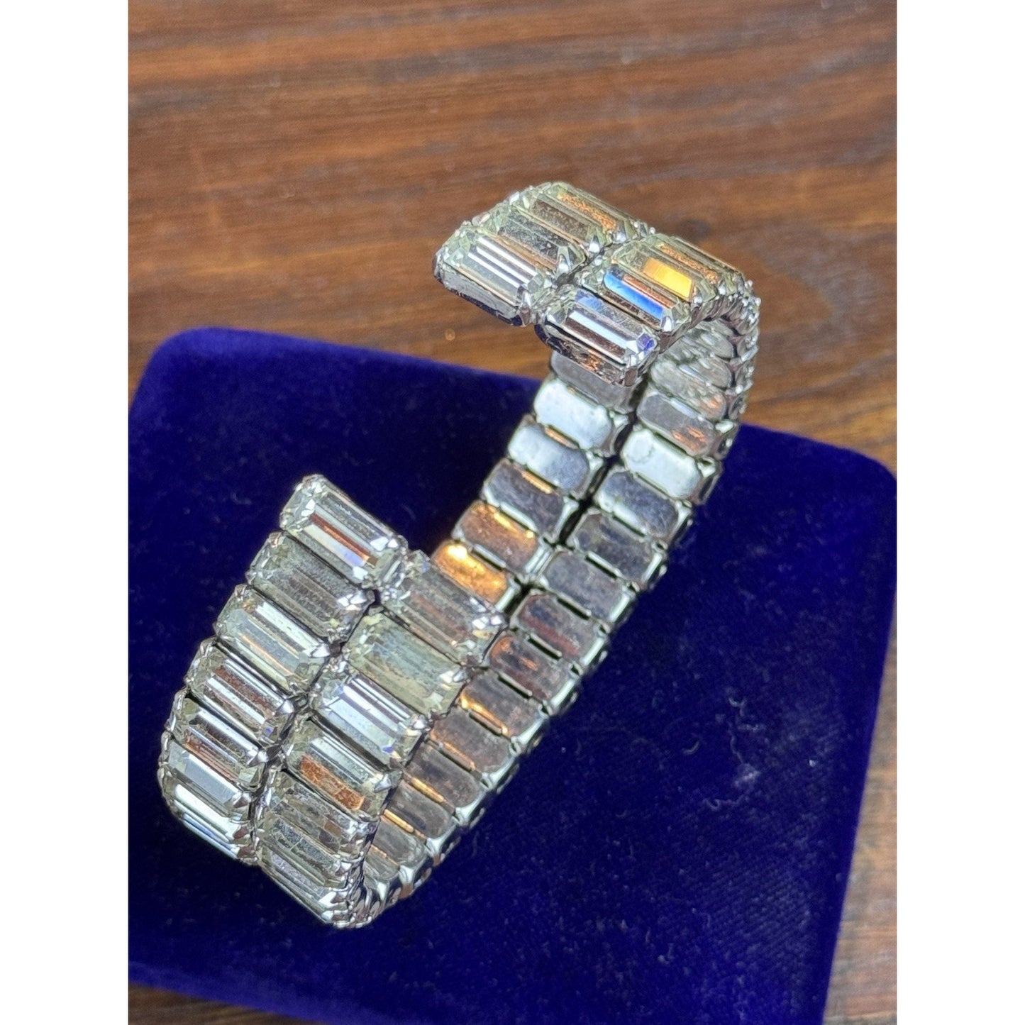 Weiss Rhinestone Cuff Bracelet Baguette Crystal Silvertone Signed 7” VINTAGE