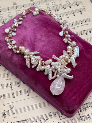 Handmade Pearl Rose Quartz Necklace Hand Knotted Baroque Pearls 16”