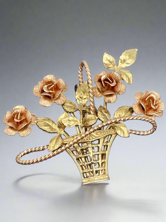 Vintage Signed Krementz Flower Basket Brooch Gold & Rose Gold Tone